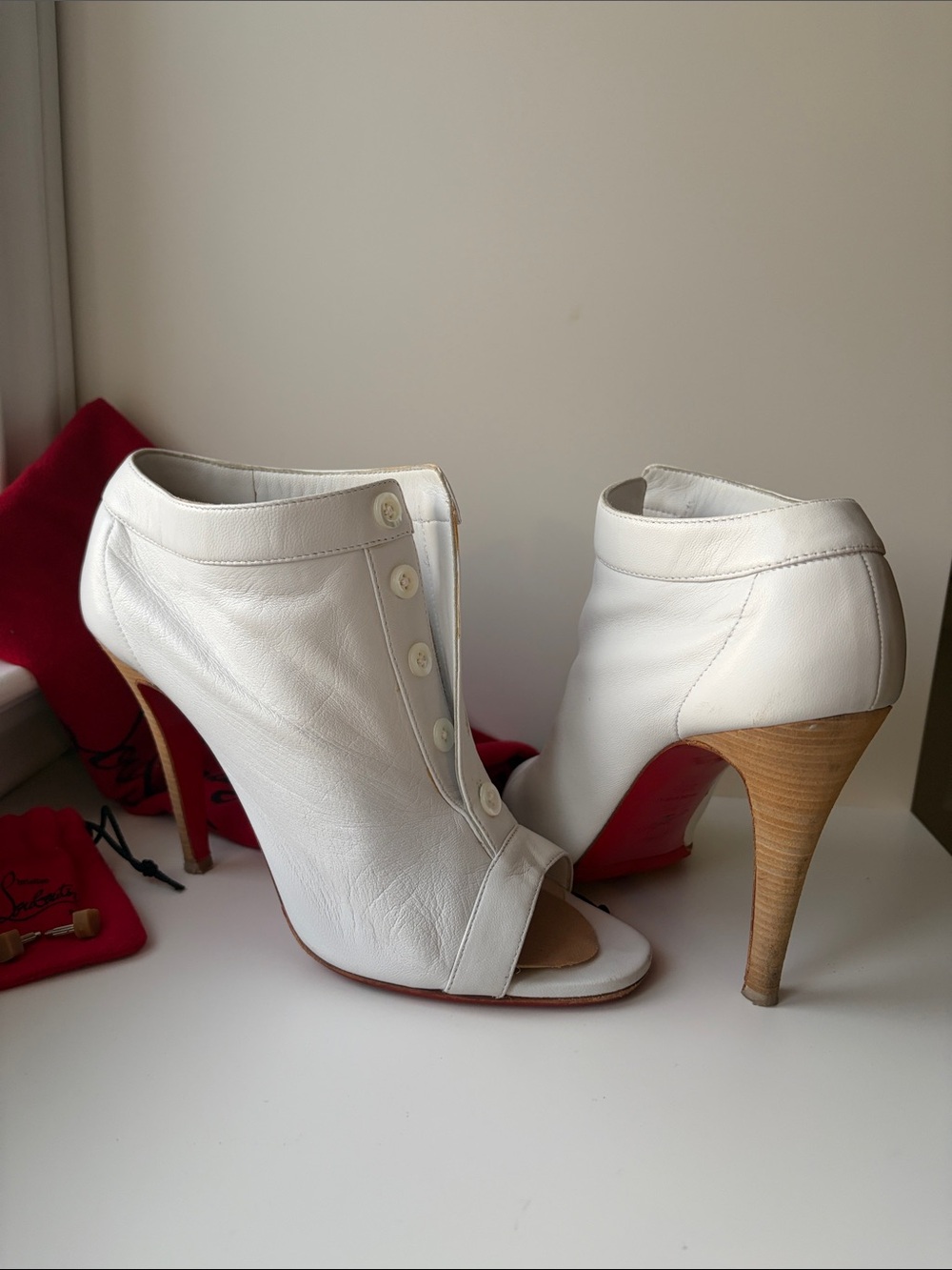 Christian Louboutin White Leather Peep-Toe Ankle Booties